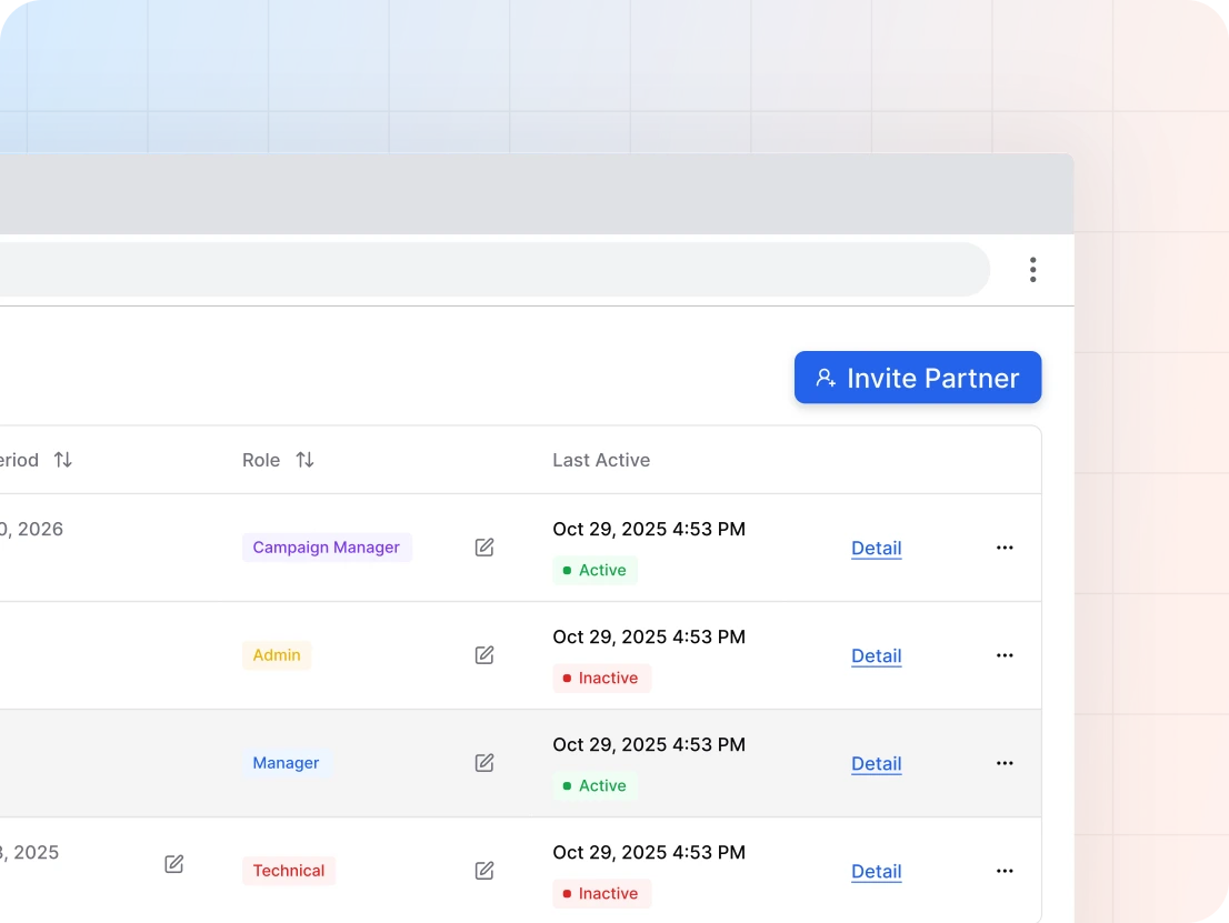 Teams and partners management interface